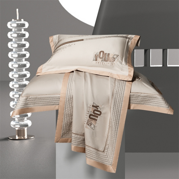 91家纺网 家纺一手货源 找家纺 高大尚婚庆馆 2025春夏新款 长绒棉高端绣花四件套-希米娅 卡其色