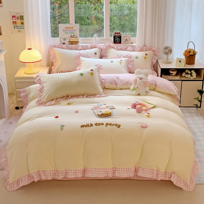 91家纺网 家纺一手货源 找家纺 （总）梦之岛 2025新款ins韩版奶茶风云朵棉可爱毛巾绣四件套