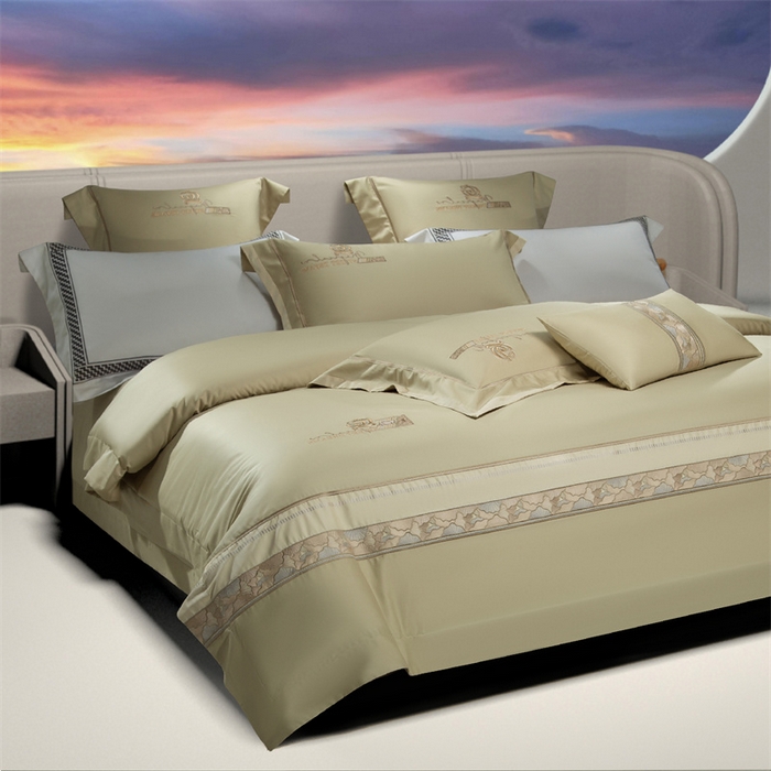 91家纺网 家纺一手货源 找家纺 高大尚婚庆馆 2025春夏新款 长绒棉高端绣花四件套-海歌娜 海歌娜-油果绿