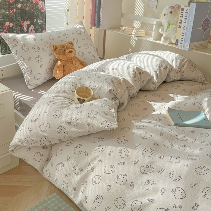 91家纺网 家纺一手货源 找家纺 韩巢家纺 2025新款云感双层纱超柔裸睡级学生宿舍上下铺床单被套三件套-（提供卖家秀） 猫咪恋人