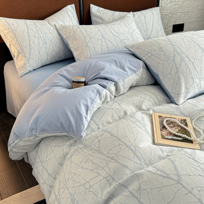 91家纺网 家纺一手货源 找家纺 眠博士2025新款AB版简约时尚A类全棉三层纱系列单被套 三层纱-春枝-蓝