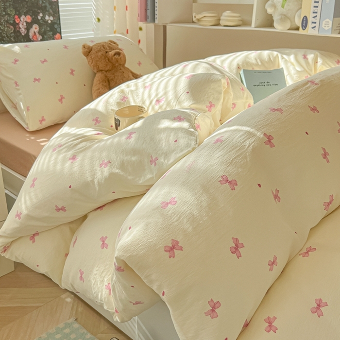 91家纺网 家纺一手货源 找家纺 韩巢家纺 2025新款云感双层纱超柔裸睡级学生宿舍上下铺床单被套三件套-（提供卖家秀） 粉相思