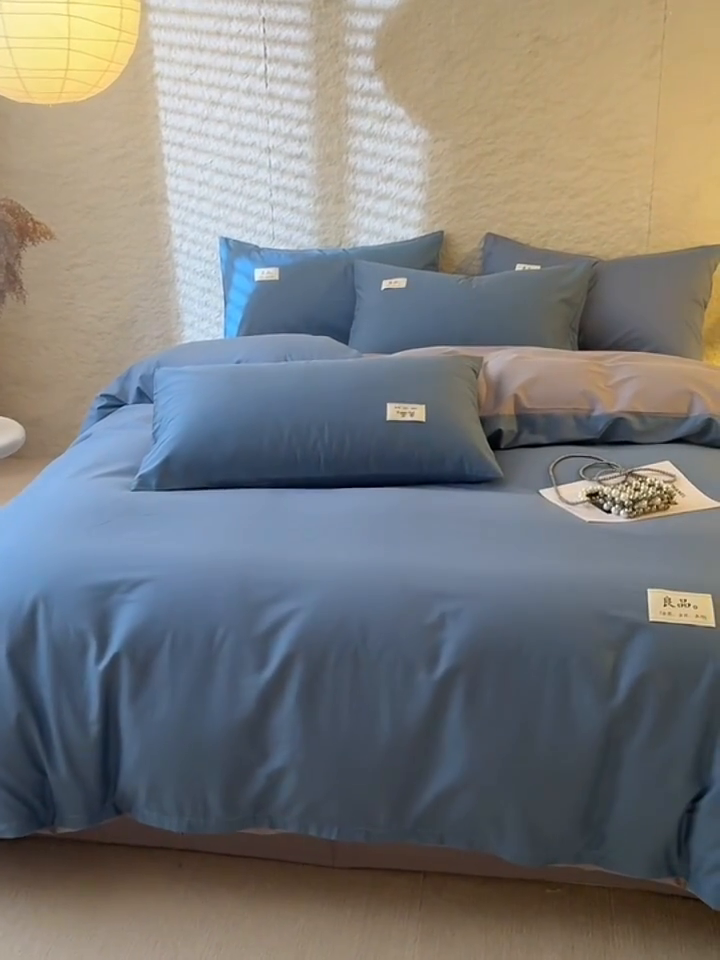 91家纺网 家纺一手货源 找家纺 眠博士 2025新款高支高密全棉双拼40支纯色四件套场景二 全棉拼色-宝蓝+银灰