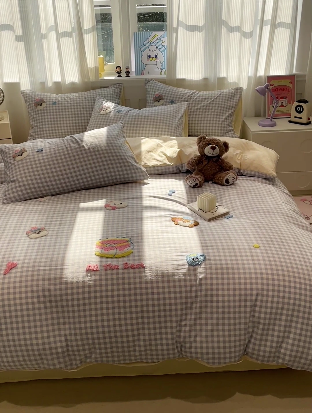 91家纺网 家纺一手货源 找家纺 梦之岛 2025新款多巴胺云朵棉可爱毛巾绣四件套 蛋糕kitty-蓝