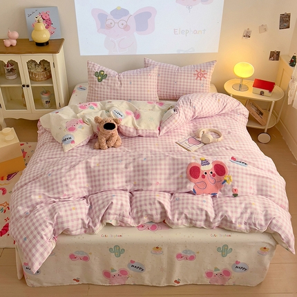 云锦家居 2025新款13370纯棉毛巾绣呆萌系列四件套 粉色小象