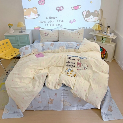 云锦家居 2025新款13370纯棉毛巾绣呆萌系列四件套 奶蓝喵喵-蓝