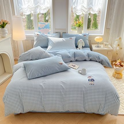 大境 2026新款色织全棉水洗棉刺绣四件套小清新纯棉四件套 篮球小熊-格子蓝