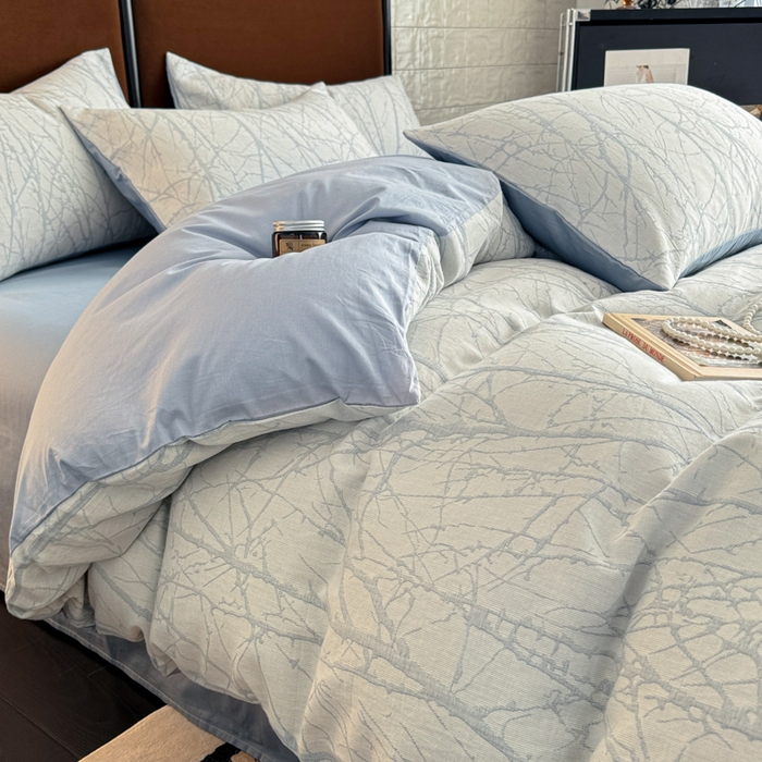 91家纺网 家纺一手货源 找家纺 眠博士2025新款AB版简约时尚A类全棉三层纱系列单被套 三层纱-春枝-蓝