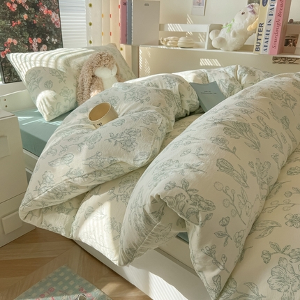 韩巢家纺 2025新款云感双层纱超柔裸睡级学生宿舍上下铺床单被套三件套-（提供卖家秀） 海像森林