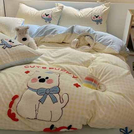 91家纺网 家纺一手货源 找家纺 （总）韩都家居 2025新款春夏新款水洗棉卡通毛巾绣四件套-西高地（包含买家秀）