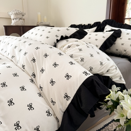 91家纺网 家纺一手货源 找家纺 晚爱  2025新款法式花边水洗棉四件套赫本风韩版针织云朵棉三件套 法式风-蝴蝶结