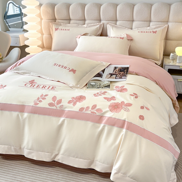 91家纺网 家纺一手货源 找家纺 桃园 2025新款洛芙琳系列纯棉全棉长绒棉刺绣绣花四件套(高端礼盒) 洛芙琳白粉