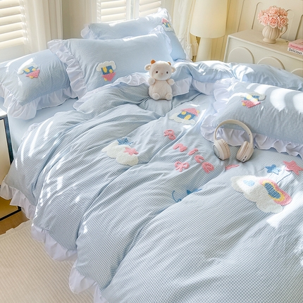 91家纺网 家纺一手货源 找家纺 （总）韩都家居 2025新款韩版卡通风水洗棉毛巾绣四件套系列-云朵（包含买家秀）