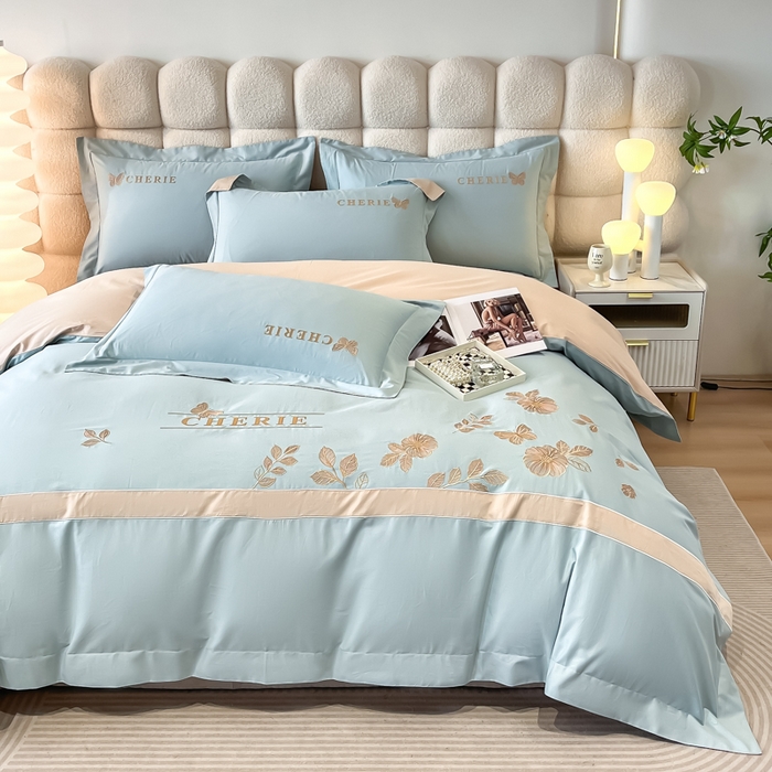 91家纺网 家纺一手货源 找家纺 桃园 2025新款洛芙琳系列纯棉全棉长绒棉刺绣绣花四件套(高端礼盒) 洛芙琳飘蓝