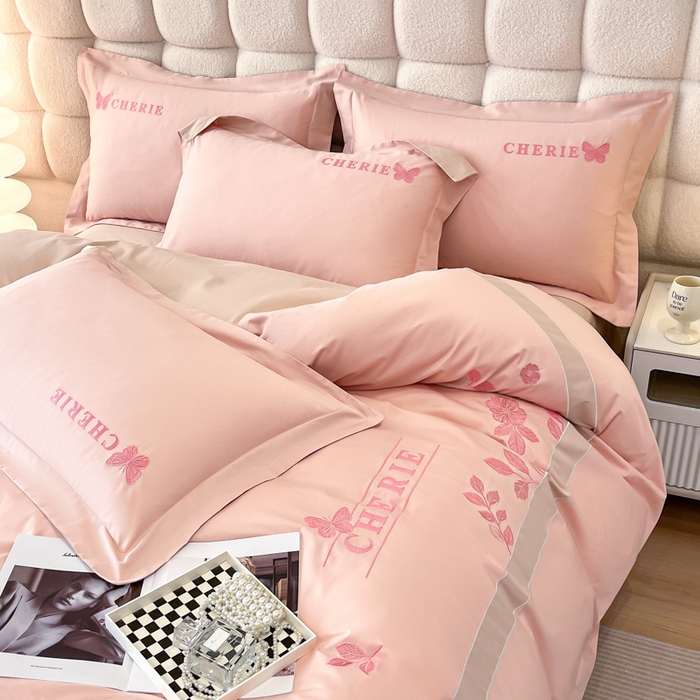 91家纺网 家纺一手货源 找家纺 桃园 2025新款洛芙琳系列纯棉全棉长绒棉刺绣绣花四件套(高端礼盒) 洛芙琳轻奢粉