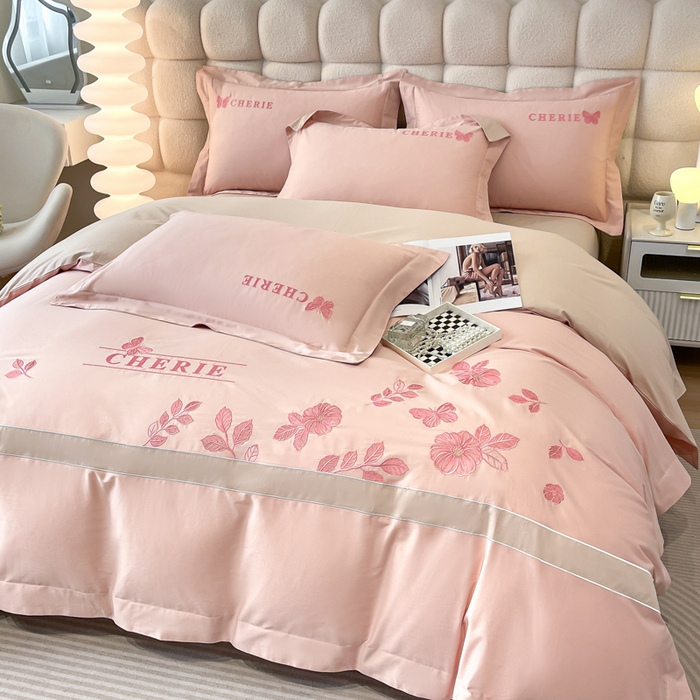 91家纺网 家纺一手货源 找家纺 桃园 2025新款洛芙琳系列纯棉全棉长绒棉刺绣绣花四件套(高端礼盒) 洛芙琳轻奢粉