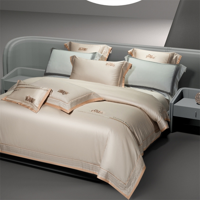 91家纺网 家纺一手货源 找家纺 高大尚婚庆馆 2025春夏新款 长绒棉高端绣花四件套-希米娅 卡其色