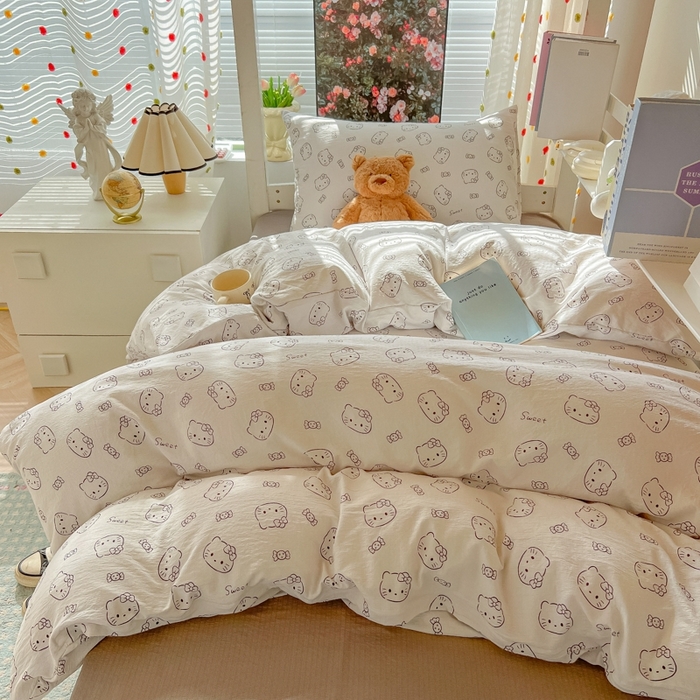 91家纺网 家纺一手货源 找家纺 韩巢家纺 2025新款云感双层纱超柔裸睡级学生宿舍上下铺床单被套三件套-（提供卖家秀） 猫咪恋人