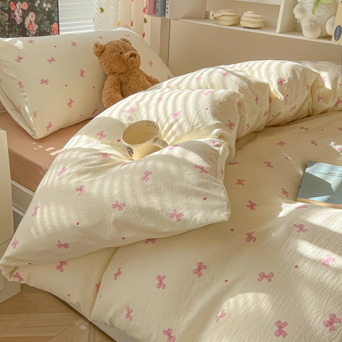 91家纺网 家纺一手货源 找家纺 韩巢家纺 2025新款云感双层纱超柔裸睡级学生宿舍上下铺床单被套三件套-（提供卖家秀） 粉相思