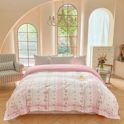 7V 2025全棉被套133*76纯棉轻奢宽边单被套喷气长绒棉面料 沐遇玫瑰