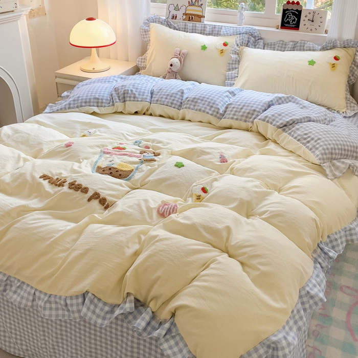 91家纺网 家纺一手货源 找家纺 梦之岛 2025新款ins韩版奶茶风云朵棉可爱毛巾绣四件套 奶茶-白蓝