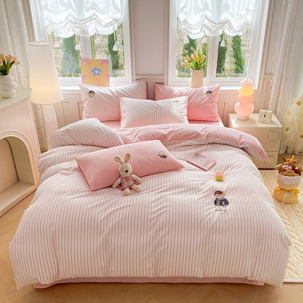 91家纺网 家纺一手货源 找家纺 （总）大境 2026新款色织全棉水洗棉刺绣四件套小清新纯棉四件套