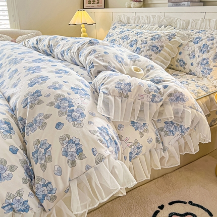 91家纺网 家纺一手货源 找家纺 眠势力 2025新款韩版花边床笠款四件套雪纺公主风ins夹棉四季通用席梦思保护套 兰花兔