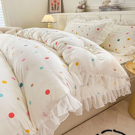 91家纺网 家纺一手货源 找家纺 眠势力 2025新款韩版花边床笠款四件套雪纺公主风ins夹棉四季通用席梦思保护套 彩色波点