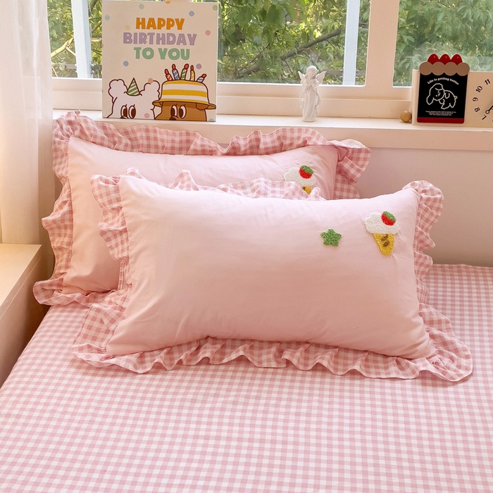 91家纺网 家纺一手货源 找家纺 梦之岛 2025新款ins韩版奶茶风云朵棉可爱毛巾绣四件套 奶茶-粉