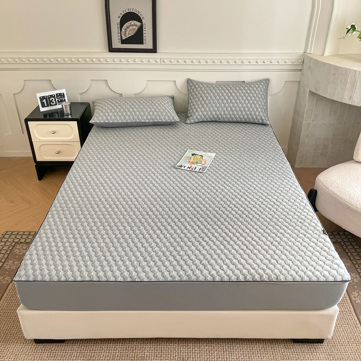 91家纺网 家纺一手货源 找家纺 久云居 2025新款抗菌天然竹纤维防水床签 高级灰