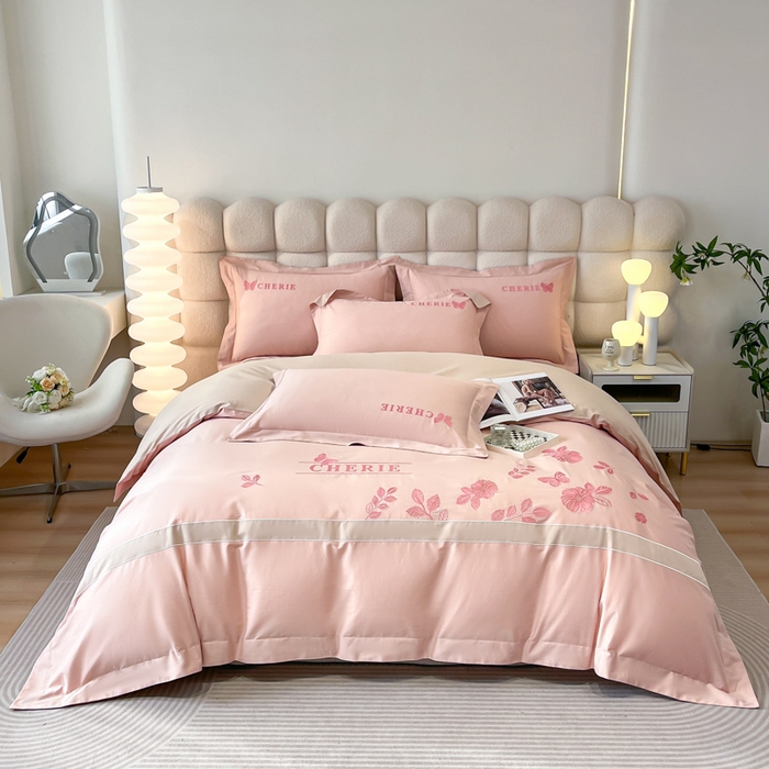 91家纺网 家纺一手货源 找家纺 桃园 2025新款洛芙琳系列纯棉全棉长绒棉刺绣绣花四件套(高端礼盒) 洛芙琳轻奢粉