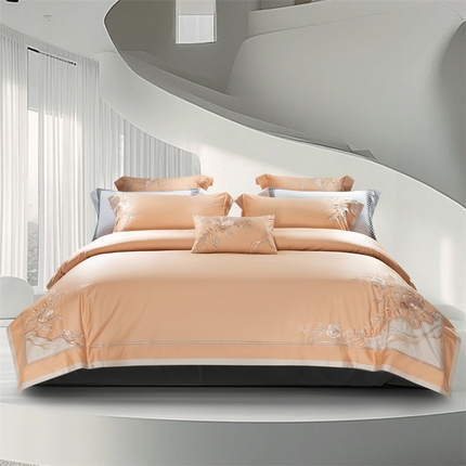 高大尚婚庆馆 2025春夏新款 长绒棉高端绣花四件套-奥德丽 奥德丽-南瓜橘