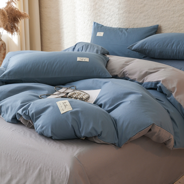91家纺网 家纺一手货源 找家纺 眠博士 2025新款高支高密全棉双拼40支纯色四件套场景二 全棉拼色-宝蓝+银灰