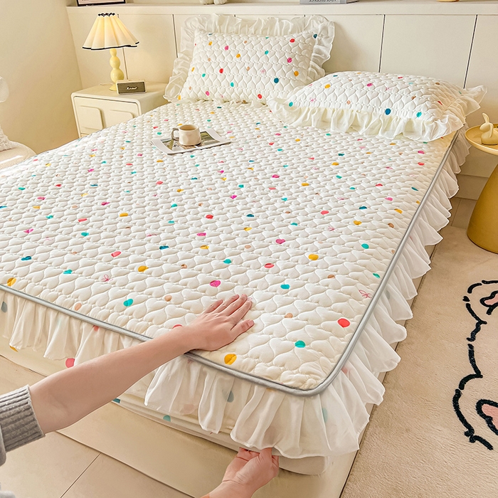 91家纺网 家纺一手货源 找家纺 （总）眠势力 2025新款韩版花边床笠款四件套雪纺公主风ins夹棉四季通用席梦思保护套