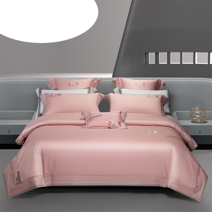 高大尚婚庆馆 2025春夏新款 长绒棉高端绣花四件套-希米娅 落樱粉