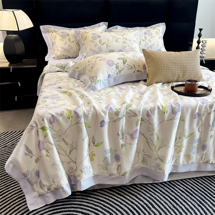 91家纺网 家纺一手货源 找家纺 朵希曼2025新款50天丝宽边夏被和夏被四件套系列 清风漫舞 米白