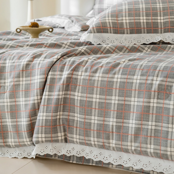 91家纺网 家纺一手货源 找家纺 绒世界 绒世界 2025新款双层纱韩版印花夏被四件套 格子-灰