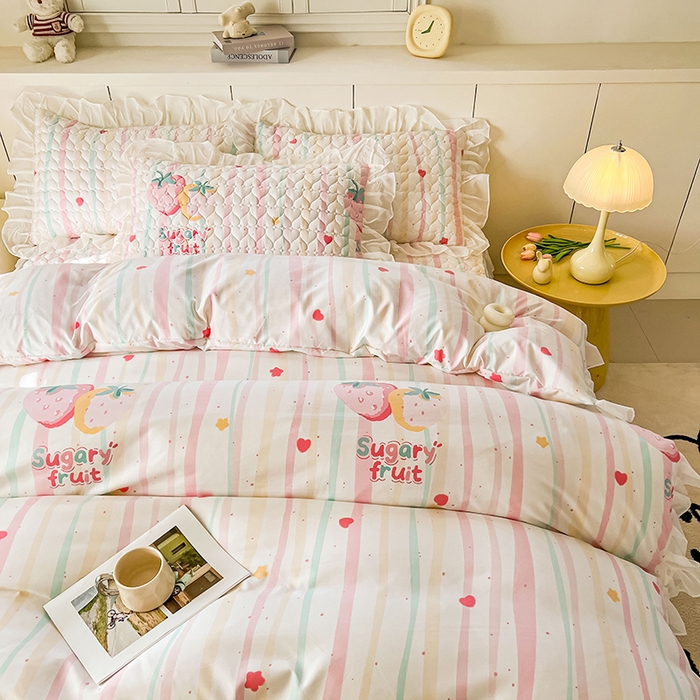 91家纺网 家纺一手货源 找家纺 眠势力 2025新款韩版花边被套双面用四季款ins公主风 糖果草莓