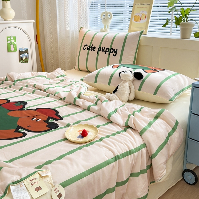 91家纺网 家纺一手货源 找家纺 星期八 2025新款针织棉夏被四件套 番茄狗