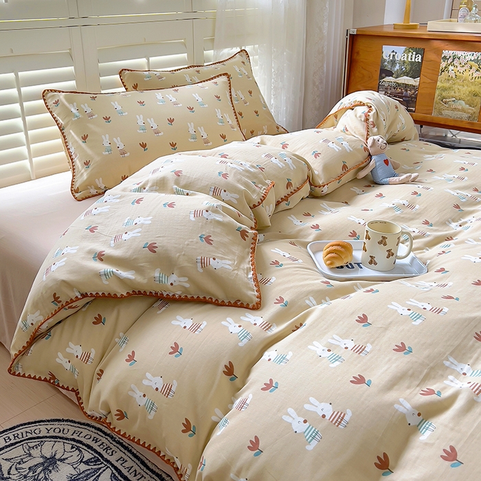 91家纺网 家纺一手货源 找家纺 田野家纺2025新款A类全棉双层纱四件套 波波兔