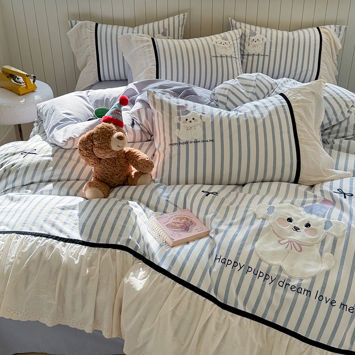 91家纺网 家纺一手货源 找家纺 优悦生活馆 2025新款全棉纯棉水洗棉印花四件套-牛奶小狗 牛奶小狗-蓝