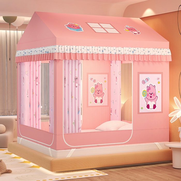 91家纺网 家纺一手货源 找家纺 迪凡保罗蚊帐 2025新款2505城堡款房型遮光防摔坐床蚊帐 粉红小熊