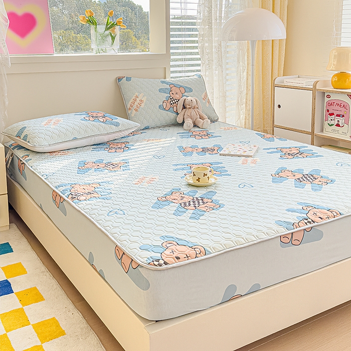 91家纺网 家纺一手货源 找家纺 小萌虎 2025新款凉感丝胶质凉席床笠款 方格熊蓝