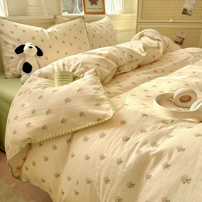 91家纺网 家纺一手货源 找家纺 田野家纺2025新款A类全棉双层纱四件套 布丁狗