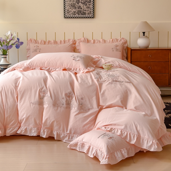 91家纺网 家纺一手货源 找家纺 U品汇 A类全棉色织水洗棉刺绣花四件套纯棉100%棉韩版公主风立体花朵 春野浪漫-美人玉