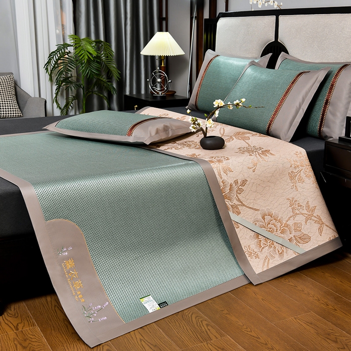 91家纺网 家纺一手货源 找家纺 小牛席业2025新款薰衣草冰藤席系列（冰藤席面）凉席藤席冰藤双面席冰丝席竹席凉席空调席草席三件套 薰衣草清香冰藤席-绿色