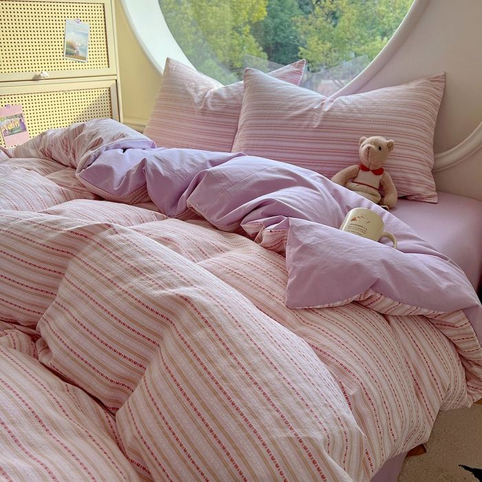 91家纺网 家纺一手货源 找家纺 田野家纺2025新款全棉水洗棉提花豆豆系列四件套 水洗棉豆豆 雾紫