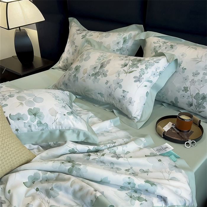 91家纺网 家纺一手货源 找家纺 朵希曼2025新款50天丝宽边夏被和夏被四件套系列 春熙花语 绿