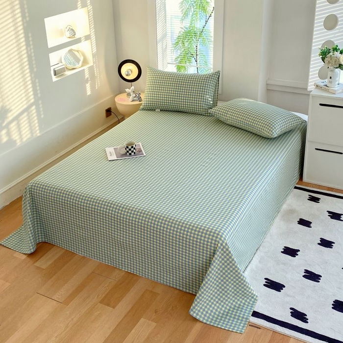 91家纺网 家纺一手货源 找家纺 ME/ERA HOME寐时代 2025新款三枚缎老粗布床单款三件套 绿小格