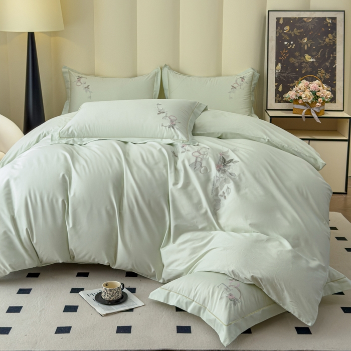 91家纺网 家纺一手货源 找家纺 U品汇 2025新款纯棉全棉长绒棉刺绣绣花高端礼盒四件套-夏瑾系列 夏瑾-清澈绿